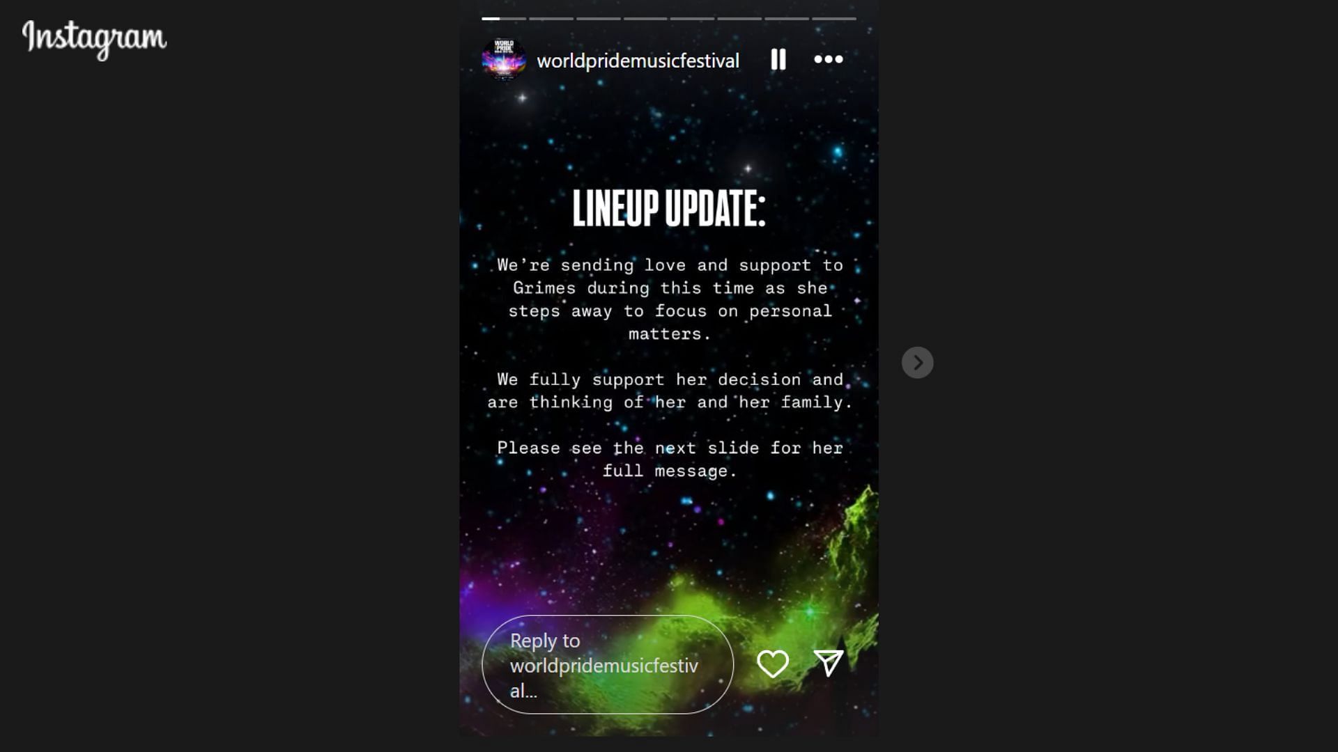 World Pride Music Festival expressing their support to Grimes (Image via Instagram/@worldpridemusicfestival)